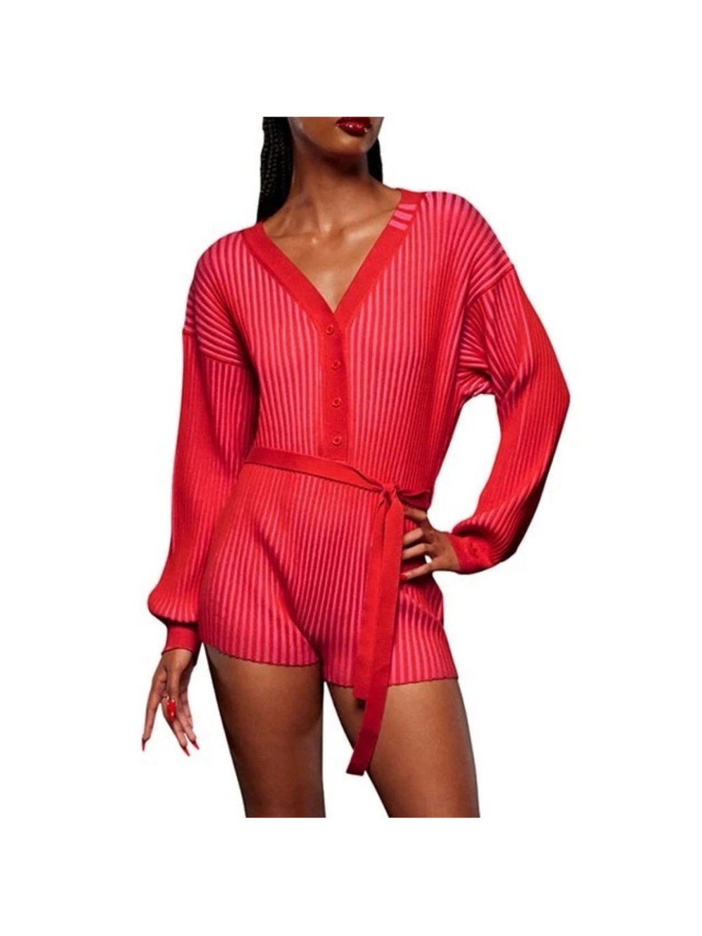 Adidas Ivy Park Women's Red Ribbed V-Neck Belted Romper (MISSING belt)